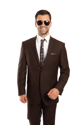 Brown 100% Wool Stripe Suit