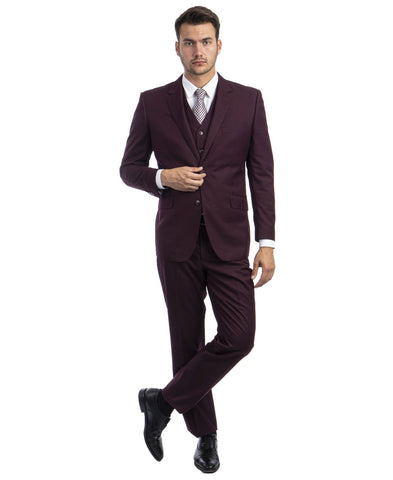 Burgundy Wool Modern Fit 3 Piece Suit