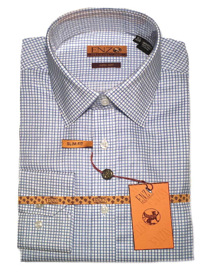 Blue Check Cotton Barrel Cuff Slim Fit Dress Shirt