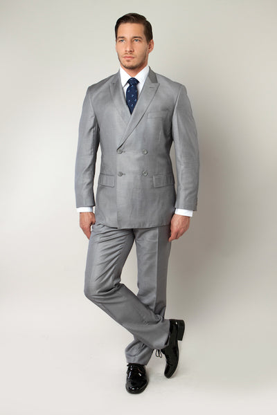 Grey Double Breasted Peak Lapel Slim Fit Suit
