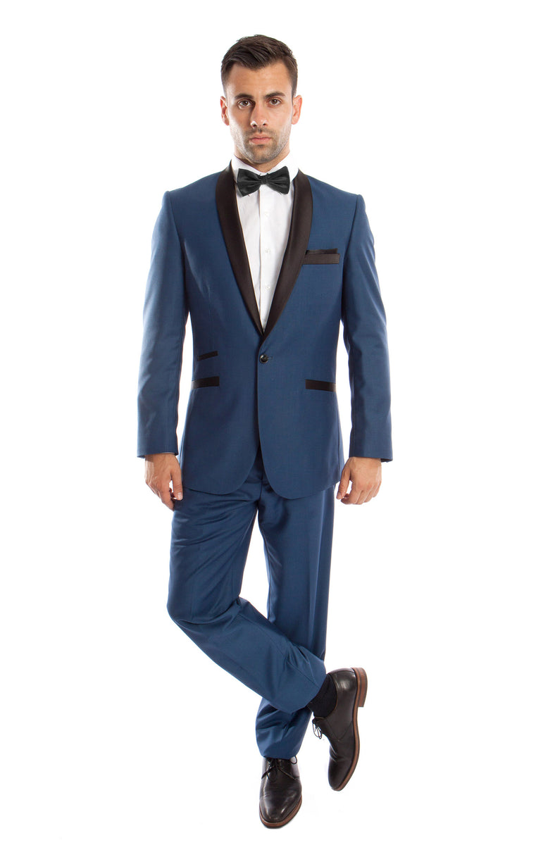 Men's Blue 1 Button Satin Shawl Lapel Suit-Slim Fit Formal Prom Suits ...