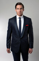 Navy Damask Patterned Shawl Lapel Slim Fit Blazer