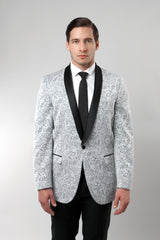 Silver Damask Patterned Shawl Lapel Slim Fit Blazer