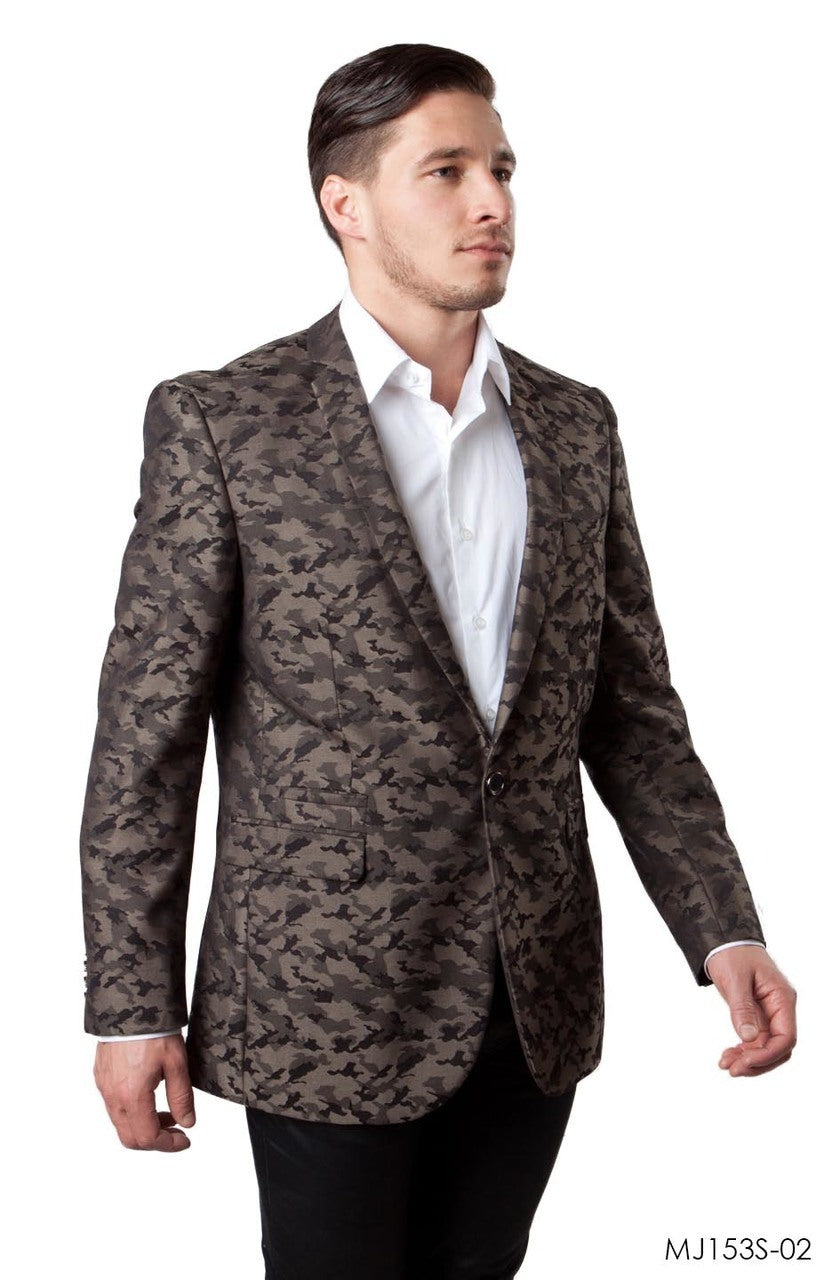 Brown Camouflage Patterned Slim Fit Blazer