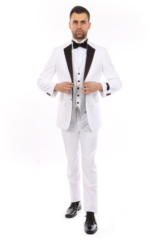 White with Black Lapel 3 Piece Vested Slim Fit Tuxedo