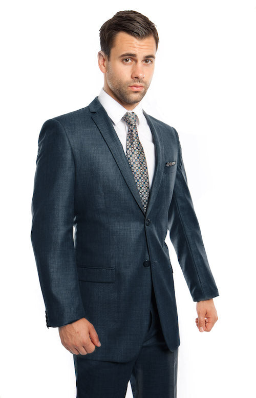 Men's Mid Blue Slim Fit Sharkskin Suit-Two Button Suits for Men – Flex ...