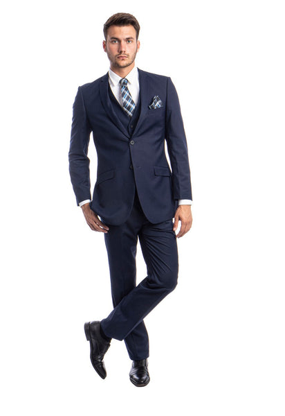 Navy Blue 3 Piece Slim Fit Vested Suit