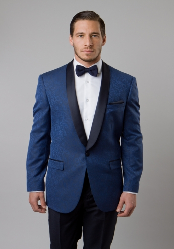 Blue Damask Patterned Shawl Lapel Slim Fit Blazer