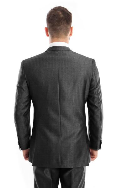 Black Three Piece Herringbone Vested Suit