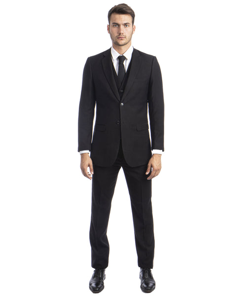 Black Pinstripe Slim Fit Vested Suit