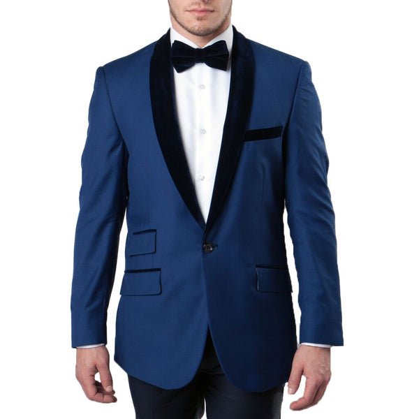 Blue Velvet Shawl Collar Tuxedo Jacket