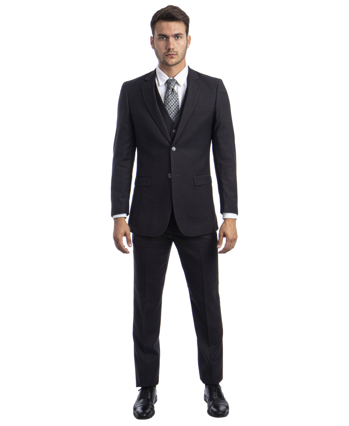 Dark Gray Pinstripe Slim Fit Vested Suit