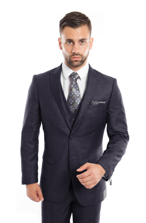 Men's Navy Birdseye Peak Lapel Three Piece Suit – Flex Suits